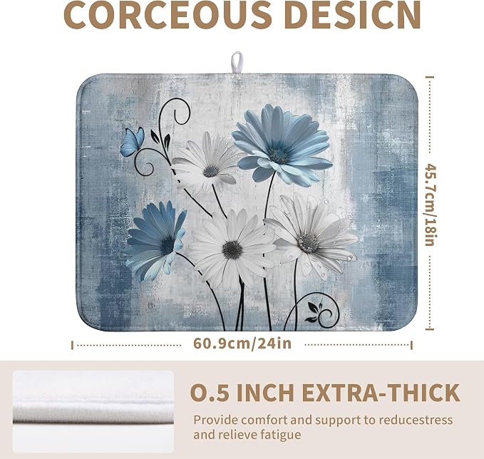 Dish Drying Mat for Kitchen Counter 18x24 Inch Blue Grey Daisy Drying Pads - Image 2