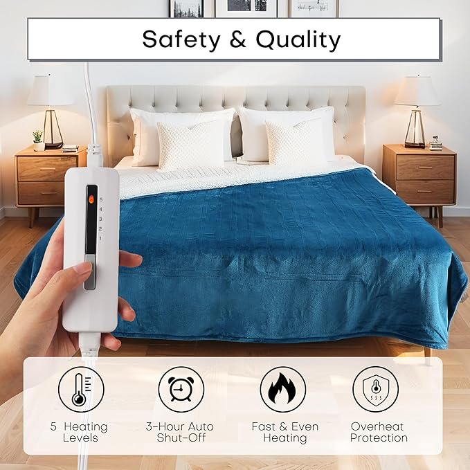Electric Blanket Twin Size 62" x 84" Thickened Flannel and Sherpa Heated Blanket,10 Hours Timer Auto-Off,5 Heating Levels, Machine Washable, Lake Blue&White