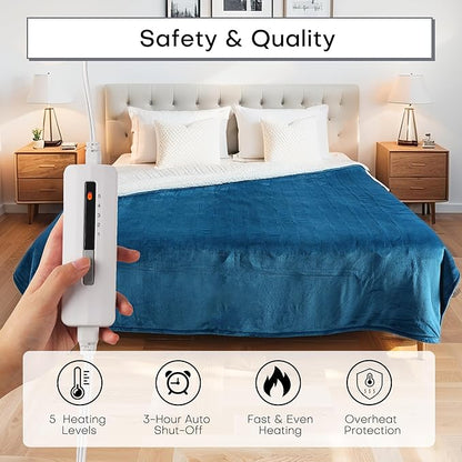 Electric Blanket Twin Size 62" x 84" Thickened Flannel and Sherpa Heated Blanket,10 Hours Timer Auto-Off,5 Heating Levels, Machine Washable, Lake Blue&White