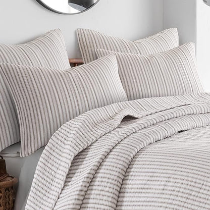 Levtex Home Tobago Stripe Taupe Reversible King/Cal King Quilt Set (106x92in) and 2 Pillow Shams (36x20in) - Striped - Taupe, White - Cotton King Size Quilt Bedding Set - Lightweight Soft Pre-Washed