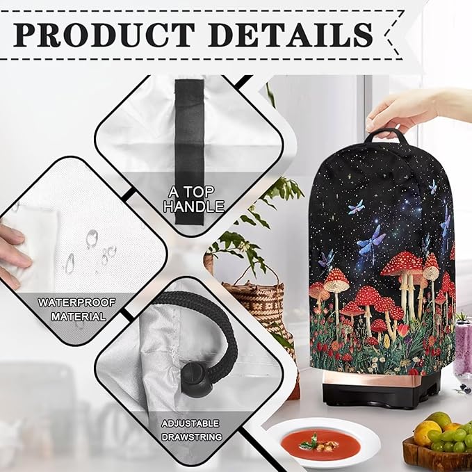 Mushroom Dragonfly Blender Covers for Kitchen Food Processor Cover with Handle, Drawstring Dust Covers for Kitchen Appliances Stand Mixer or Coffee Maker Appliance Cover