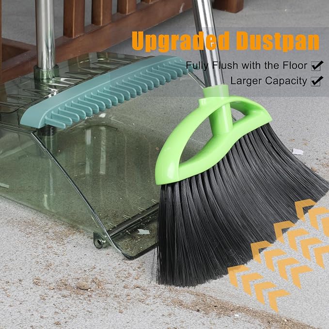 Soft Bristles Green Angle Broom and Dustpan Set, Long Handle Household Indoor - Image 5