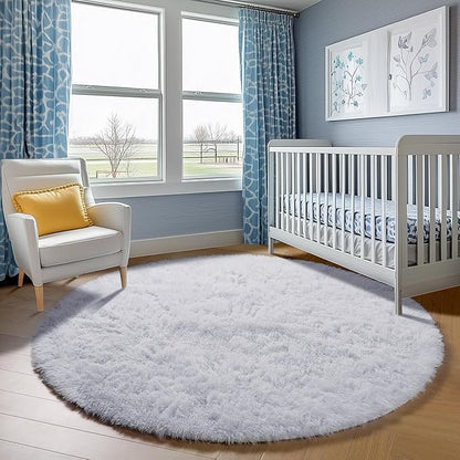 ONASAR White Round Area Rug 4ft, Soft Bedroom Circle Rugs Floor Mat for Kids Girls Boys Teen Room, Fuzzy Plush Shaggy Carpet for Baby Nursery Living Room Playroom Home Decor
