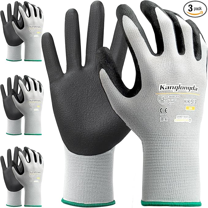 3-Paris XL Work Gloves for Men and Women, Nitrile Coated Safety Protective by KEBADA