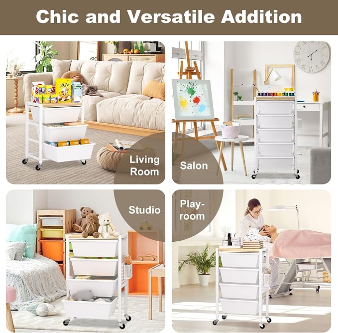 Rolling Cart with Drawers, Rolling Storage Cart with 5 Large Plastic Drawers & - Image 8