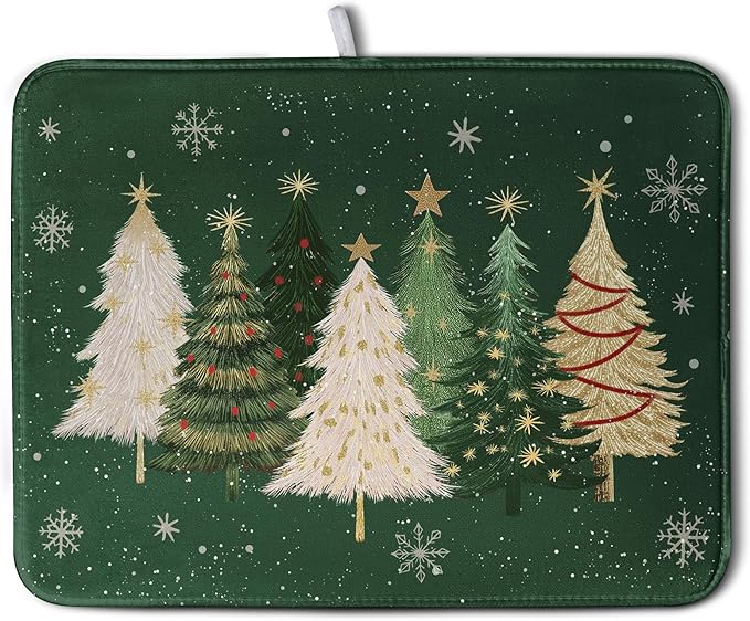 Green Christmas Tree Snowflakes Dish Drying Mat by Wnoesat