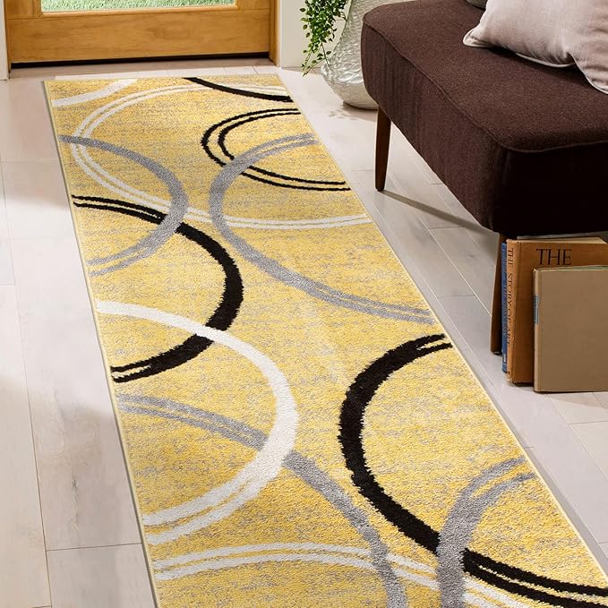 Rugshop Wavy Circles Design Runner Rug, Non-Shedding Carpet for Hallway, Entryway, or Kitchen, Yellow, 2' x 10'
