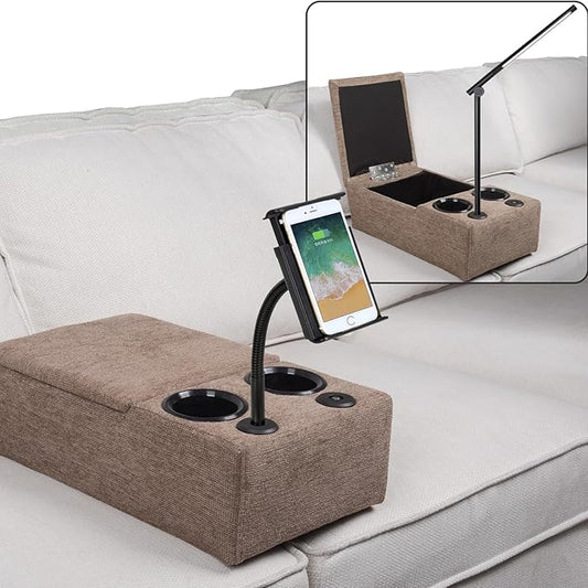 Removable Sofa Armrest with Cup Holder, PU Leather Multifunctional Couch Caddy Storage Arm Rest with Power Wireless Charging Stand & LED Reading Light for Sofa Middle Seat Adjustable