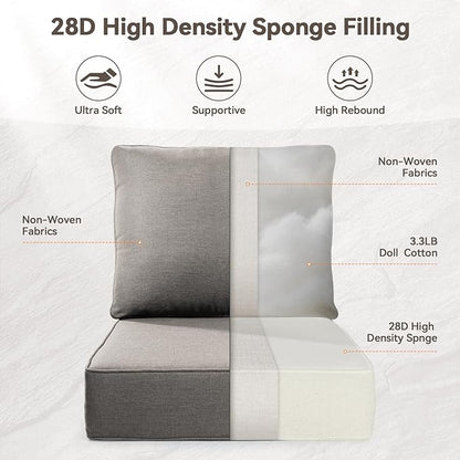 Luxury 6" Outdoor Cushions for Patio Furniture, 24x24x6" Thick Seat Cushion Set of 2, Fade Resistant Couch Chair Replacement Cushions High Density Deep Wicker Chair Cushion w/ Removable Cover Gray