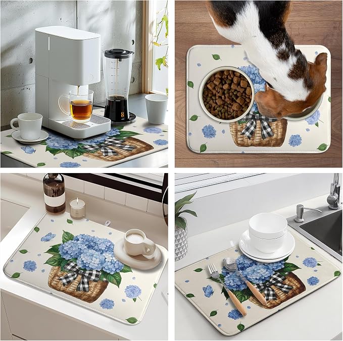 Spring Hydrangea Dish Drying Mats Spring Summer Floral Dish Mat Blue Flowers - Image 7