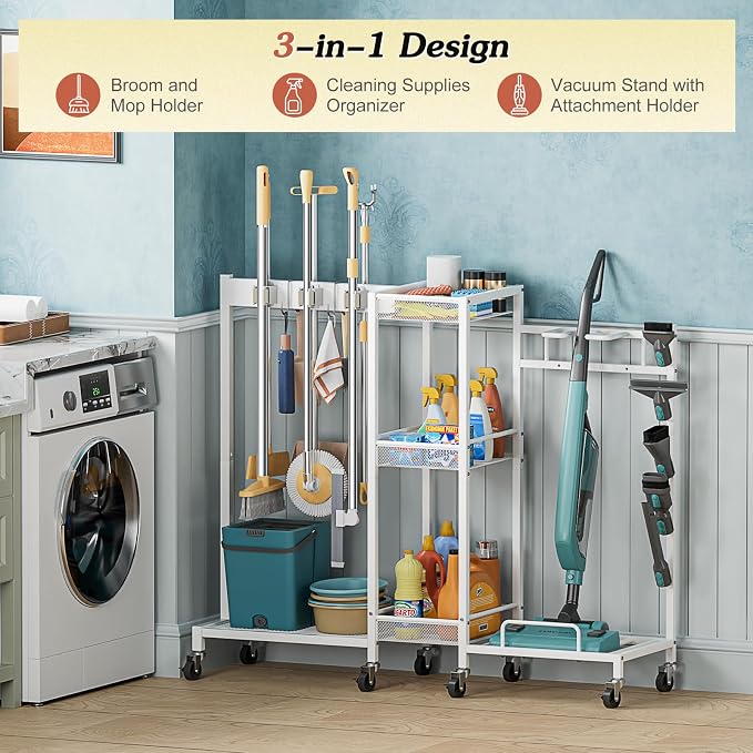 Broom Holder with Cleaning Supplies Organizer, Broom Closet Storage Cabinet - Image 2