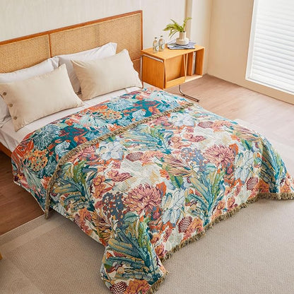MSGKV Boho Throw Blanket for Bed Twin Size 100% Cotton Floral Blanket 60"x80" for Sofa Couch Muslin Breathable All Seasons Farmhouse Lightweight Blankets Home Decor