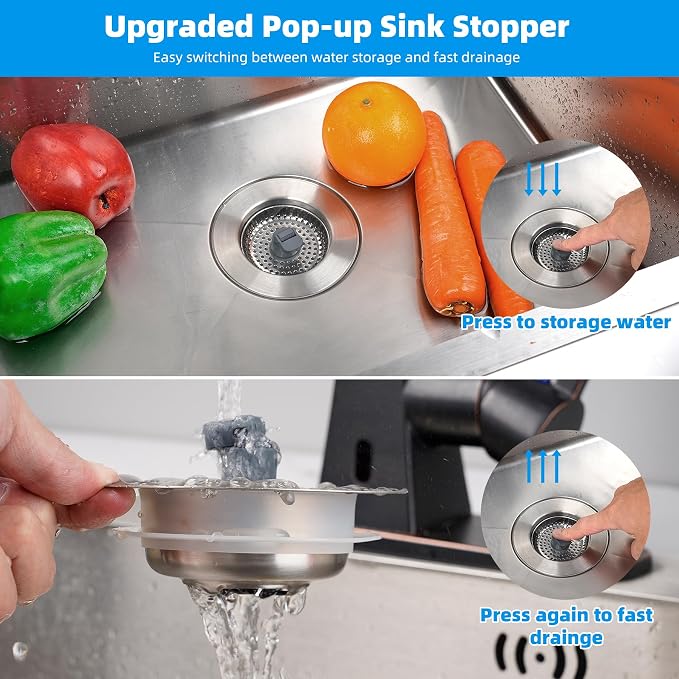 Hibbent 3 in 1 Kitchen Sink Drain Strainer, Stainless Steel Wrapped Shell Drain - Image 3