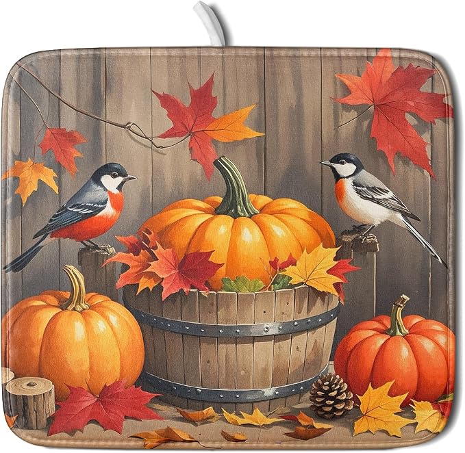 Fall Dish Drying Mat for Kitchen Counter 16x18 Autumn Pumpkin Birds Harvest by Aytipun