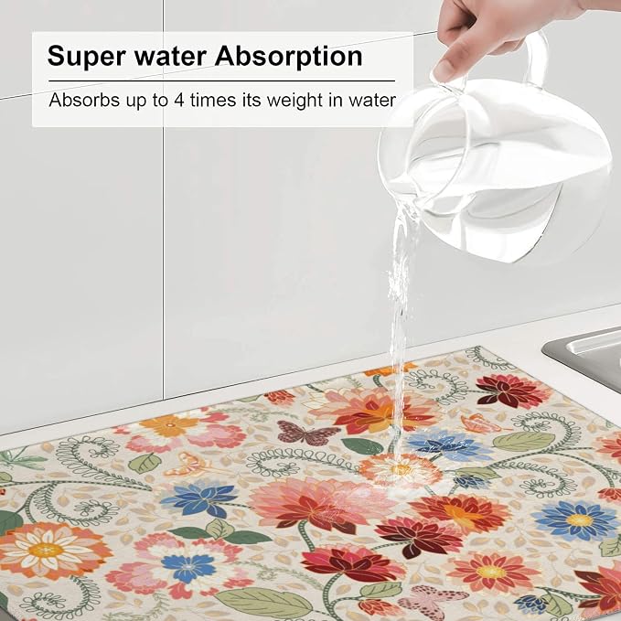 Mandala Flowers Dish Drying Mat 18x24 Inch, Microfiber Absorbent Fast Dry Mat - Image 5