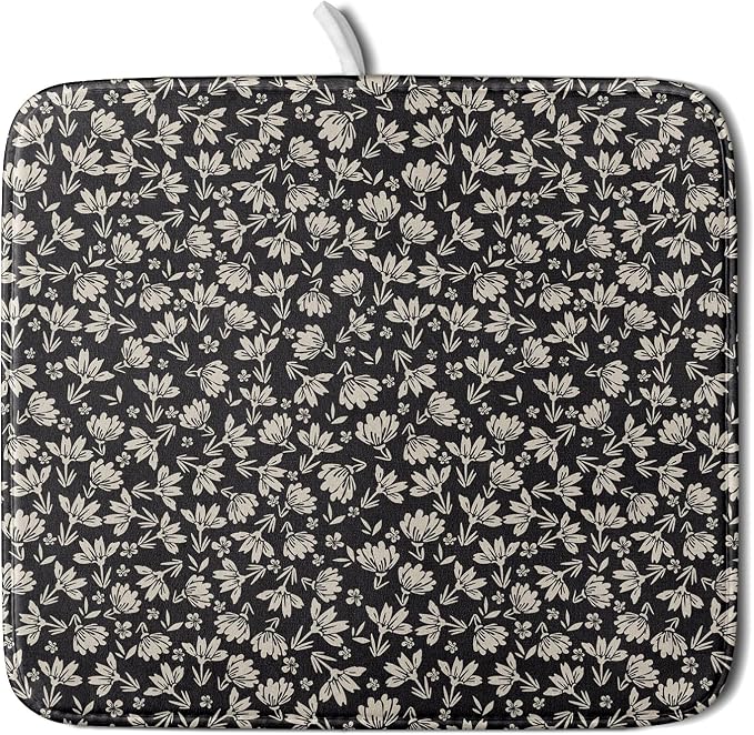 Floral Dish Drying Mat for Kitchen Counter 18x16 Inch Black Flower Drying Mat by Unknown