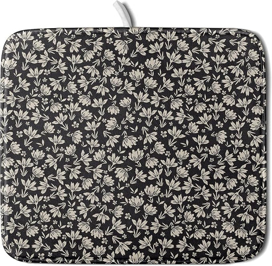 Floral Dish Drying Mat for Kitchen Counter 18x16 Inch Black Flower Drying Mat by Unknown