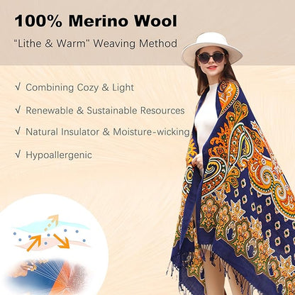 DANA XU 100% Merino Wool Pashmina Shawl for Women 96"x43", Oversized Cashmere Wrap with Tassels, Floral Travel Blanket Cape