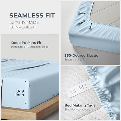 THREAD SPREAD 100% Egyptian Cotton Sheets Queen Size - 1500 Thread Count 4 PC Queen Sheet Set Egyptian Cotton, Sateen Luxury Sheets Queen Size, High Thread Count Sheets, 17" Deep Pocket - Light Blue