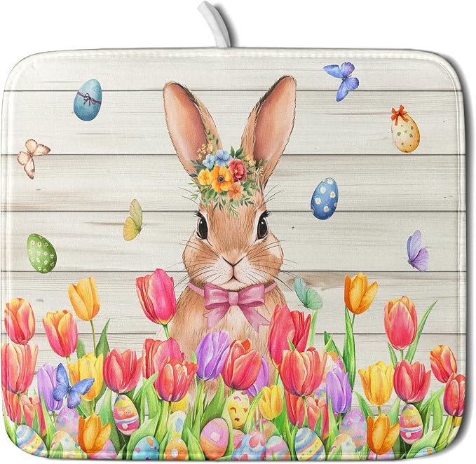 Easter Bunny Dish Drying Mat 16x18 inch Eggs Floral Fast Drying Pad Washable by Giwawa