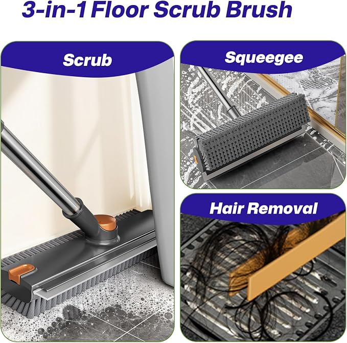 3-in-1 Floor Scrub Brush with Long Handle, Scrape and Heavy-Duty Stiff Bristle - Image 3