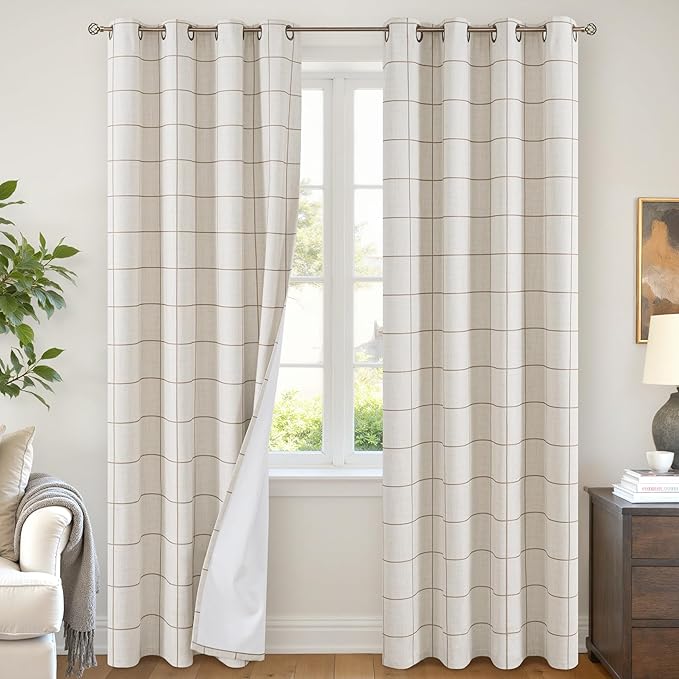 Brown Plaid Patterned Curtains Thermal Insulated - 96 Inches Extra Long Total Linen Blackout Curtains for Living Room, Boho Drapery for Farmhouse Bedroom 52x96 Inch 2 Panels