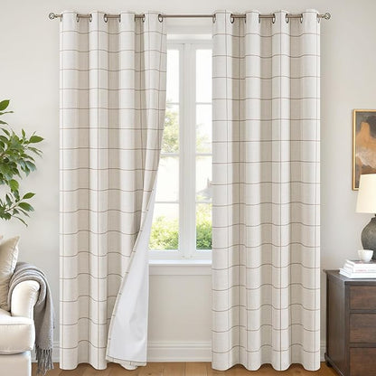 Brown Plaid Patterned Curtains Thermal Insulated - 96 Inches Extra Long Total Linen Blackout Curtains for Living Room, Boho Drapery for Farmhouse Bedroom 52x96 Inch 2 Panels