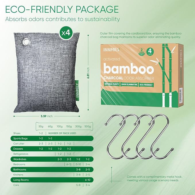 Activated Charcoal Odor Absorber, Large 4x200g w Hooks Nature Odor Eliminator - Image 9