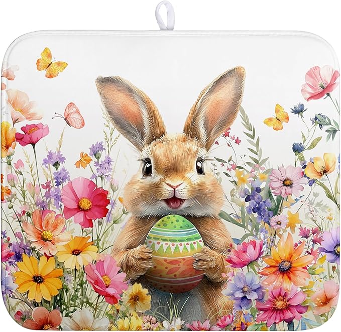 Spring Easter Dish Drying Mat for Kitchen Counter Easter Bunny Rabbit Eggs by Wnoesat