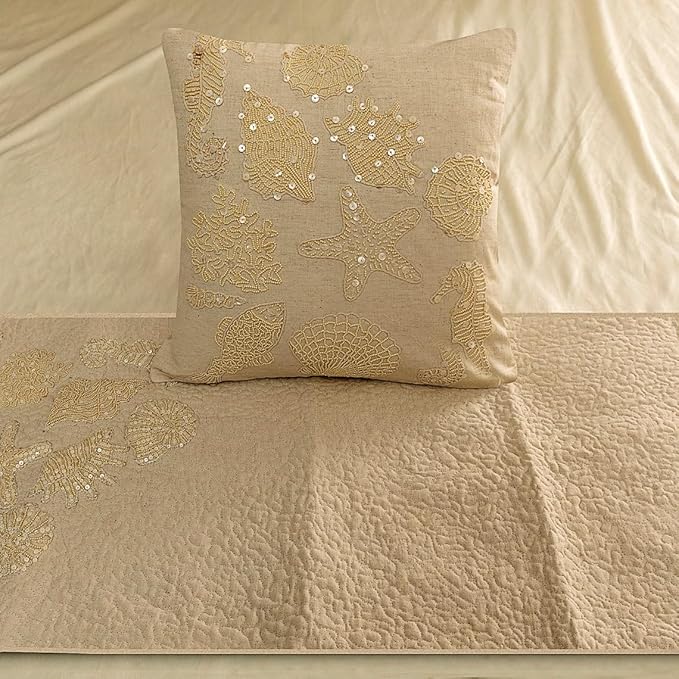 The HomeCentric King Queen Twin Beige Handmade Queen 74"x18" Bed Runner with 2 Pillow Cover, Pearl Embroidery Bed Scarf on Linen Fabric - Off to The Sea