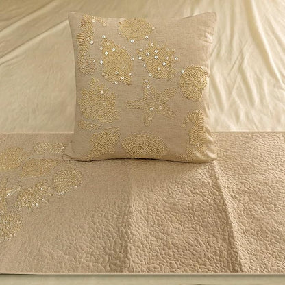The HomeCentric King Queen Twin Beige Handmade Queen 74"x18" Bed Runner with 2 Pillow Cover, Pearl Embroidery Bed Scarf on Linen Fabric - Off to The Sea
