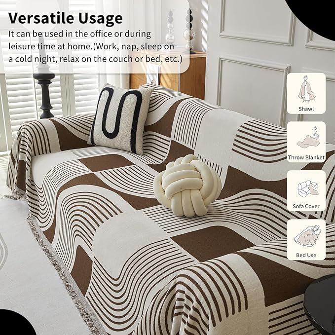 Boho Couch Cover Sofa Covers Washable, Chenille Couch Covers for 3 Cushion Couch Sofa Pet Friendly, Bohemian Sofa Slipcovers for Sectional Sofa, Loveseat, 2 3 4 Seater (71" x 134", Coffee)