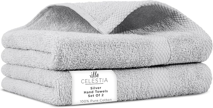 100% Cotton Hand Towel Set of 2, Sustainable, Highly Absorbent, Quick Drying by VillaCelestia