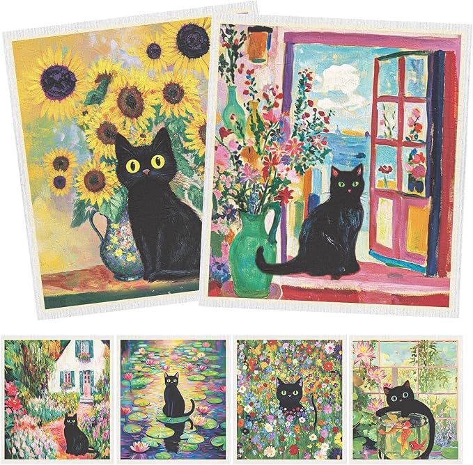 Swedish Dishcloths for Kitchen, 6 Pack Oil Painting Black Cat Reusable Paper by InIsaJace