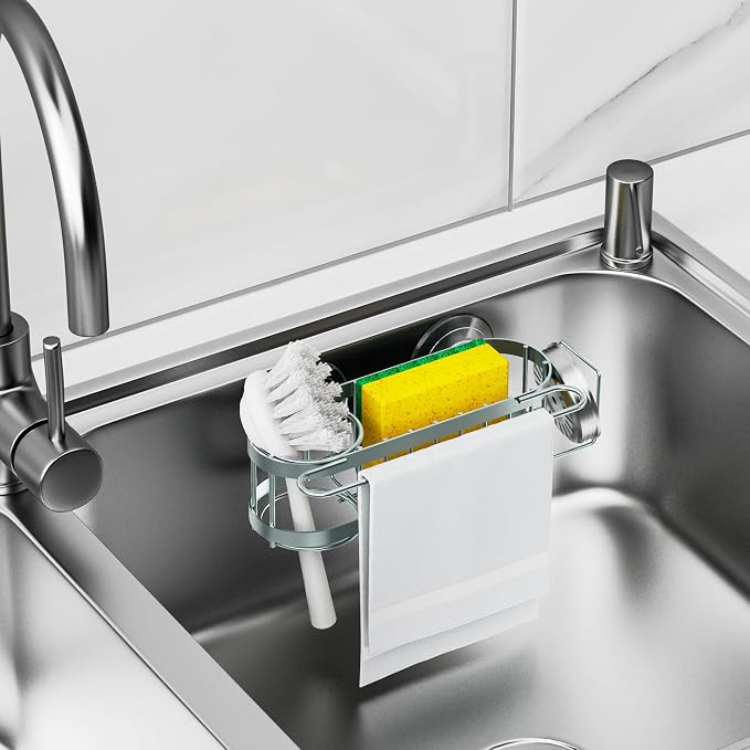 Cisily Sage Green Kitchen Sink Caddy Sponge Holder in the Sink, Stainless Steel - Image 6