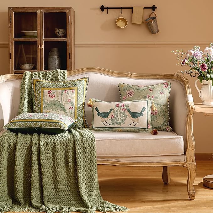 patdrea Designer Rectangle Throw Pillow Covers,Farmhouse Linen with Green Floral Pattern Pillows Cover,Decorative Lumbar Pillowcases Cushion for Bed Living Room Outdoor Car,12"x20"