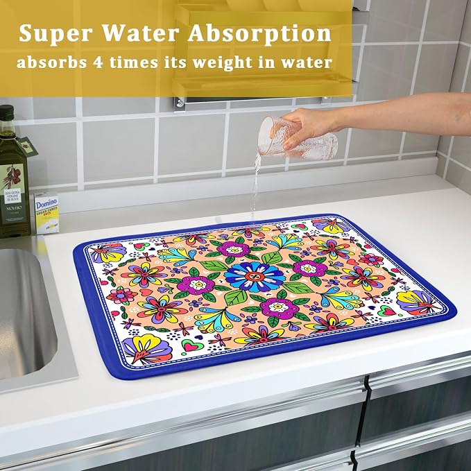 Mexican Talavera Dish Drying Mat Navy Blue Large Microfiber Dish Drain Pad - Image 7