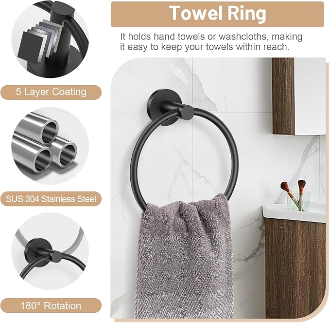 Black Bathroom Hardware Set, 4-Piece Towel Holder Set Include Double Bases - Image 5