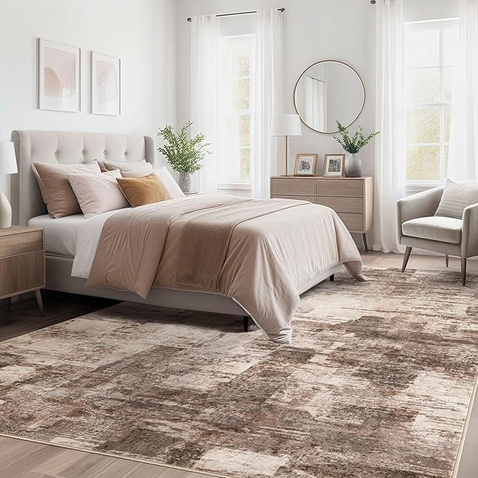 Abstract Living Room Rug 12x18 - Modern Washable Soft Thin Area Rug for Living Room Bedroom Under Dining Table - Neutral Indoor Floor Rug Carpets for Home Office Playroom Nursery - Brown