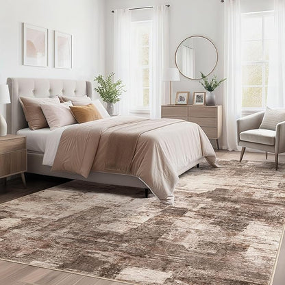 Abstract Living Room Rug 12x18 - Modern Washable Soft Thin Area Rug for Living Room Bedroom Under Dining Table - Neutral Indoor Floor Rug Carpets for Home Office Playroom Nursery - Brown