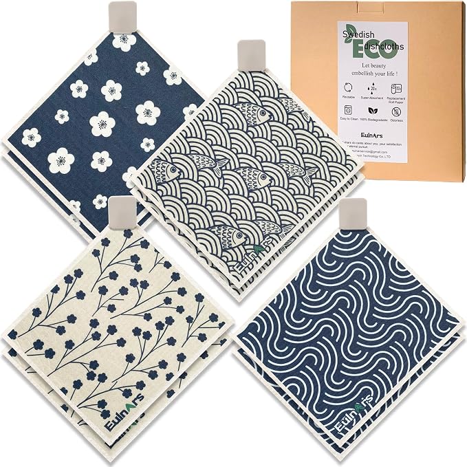 Swedish Dishcloths for Kitchen, 8 Pack Japanese Pattern Reusable Paper Towels by Eulnars