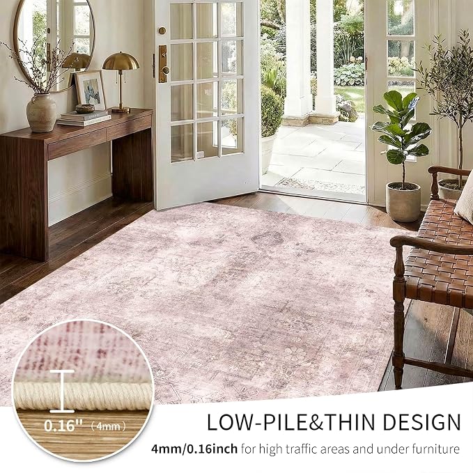 Vintage 8x10 Living Room Pink Rugs, Washable Large Area Rugs - Image 7