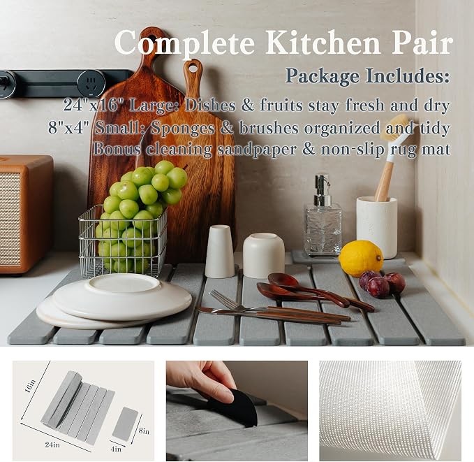 2pcs Stone Dish Drying Mat for Kitchen Counter, Quick-Dry Diatomaceous Earth - Image 2
