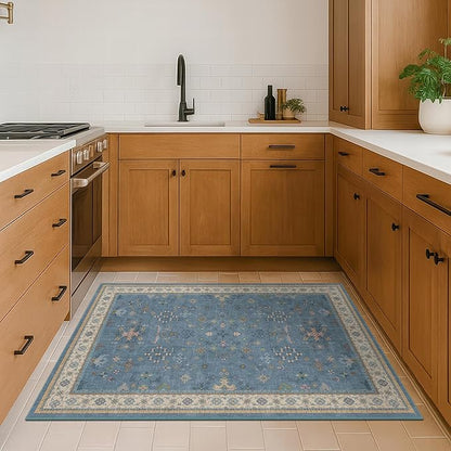 Washable 3x6 Throw Rug for Large Kitchen - Blue Rugs for Entryway Indoor, Bedroom Bedside, Mudroom, Boho Eclectic Modern Décor, Non Slip Low Pile Fade Resistant