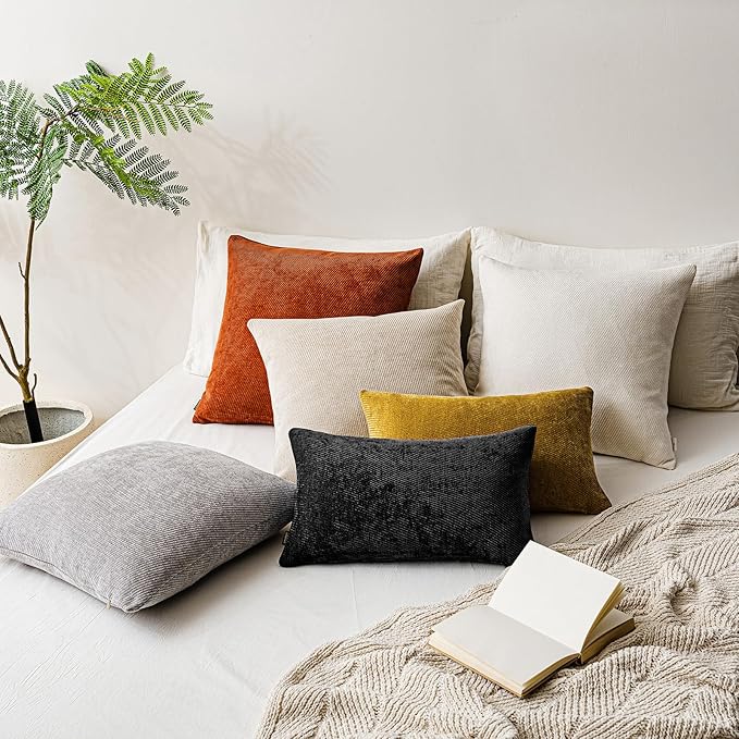 a moment Pack of 2 Decorative Chenille Throw Pillow Covers with Twill Cushion Covers for Sofa Living Room Couch Bed 20x20 Inch Black