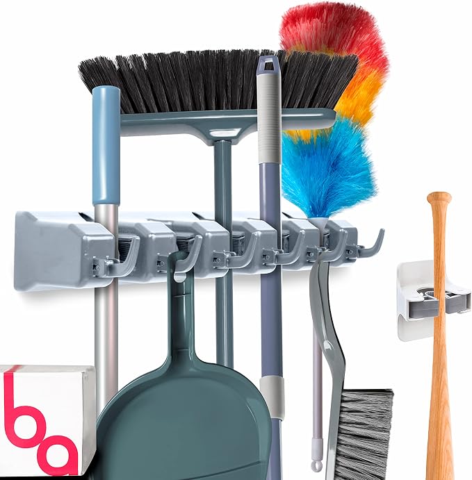 Combo 5 Slot Broom Holder w/ 1 Self Adhesive Mop Gripper No-Drilling, Wall by BerryAve