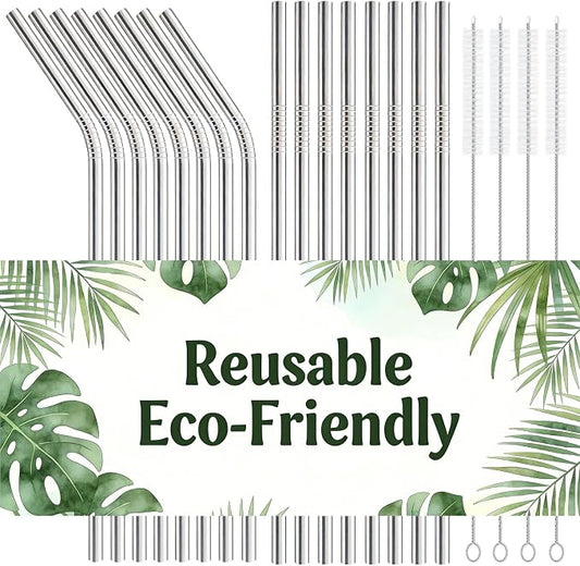 16-Pack Stainless Steel Straw, Reusable Straws – 8 Straight & 8 Bent Metal by XNCJWL