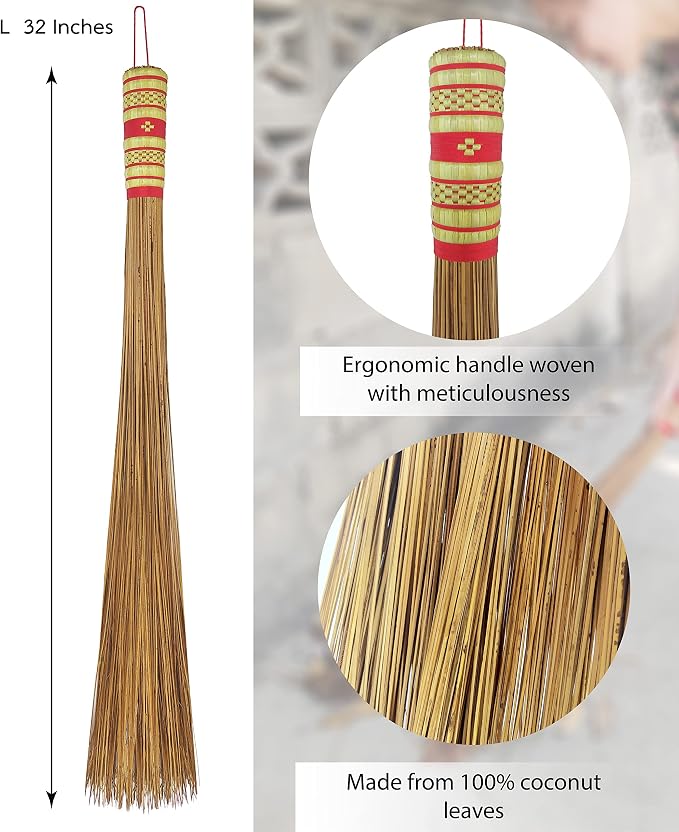 2 Piece 32 inch Multi-Surface Sturdy Outdoor Authentic Coconut Leaf Broom Asian - Image 4