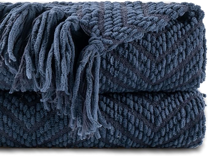 BATTILO HOME Navy Blue Throw Blanket for Couch, Super Soft Cozy Warm Dark Blue Throws for Twin Bed, Knit Woven Chenille Blanket Versatile for Sofa Bedroom Home Decor, 60"x80"