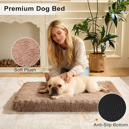 Fluffy Orthopedic Dog Beds for Large Dogs with Washable Removable Cover Dog Crate Bed Egg Crate Foam Support Plush Pet Pad Mat with Anti-Slip Bottom (42 * 28,Khaki)